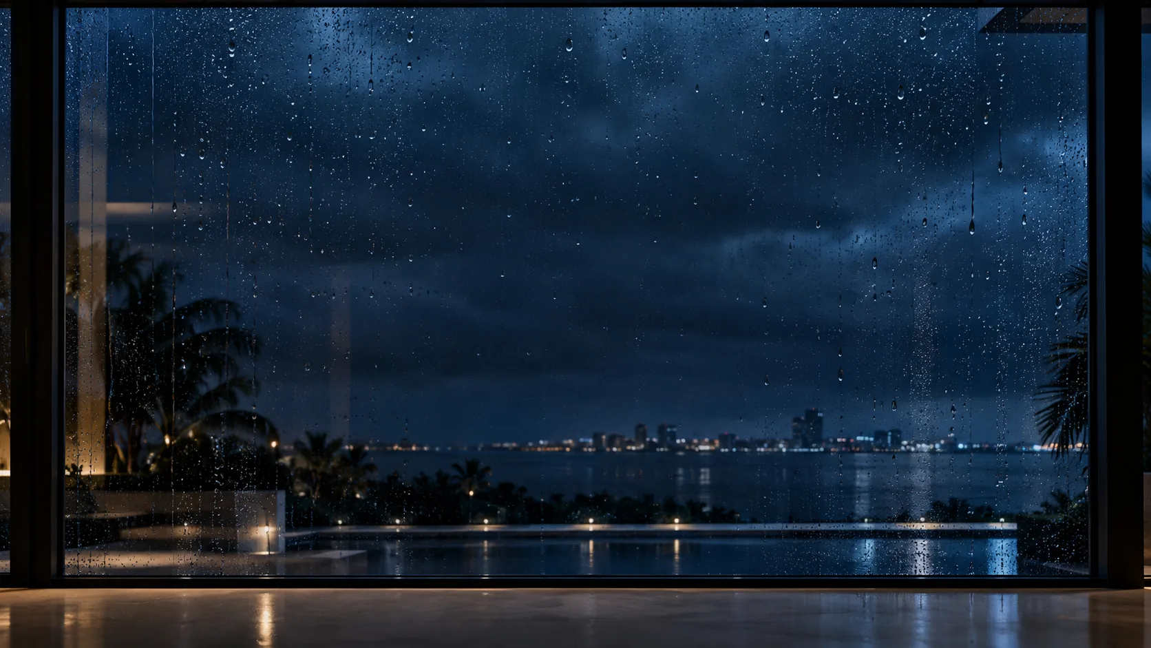 Corner glass wall at night in the rain
