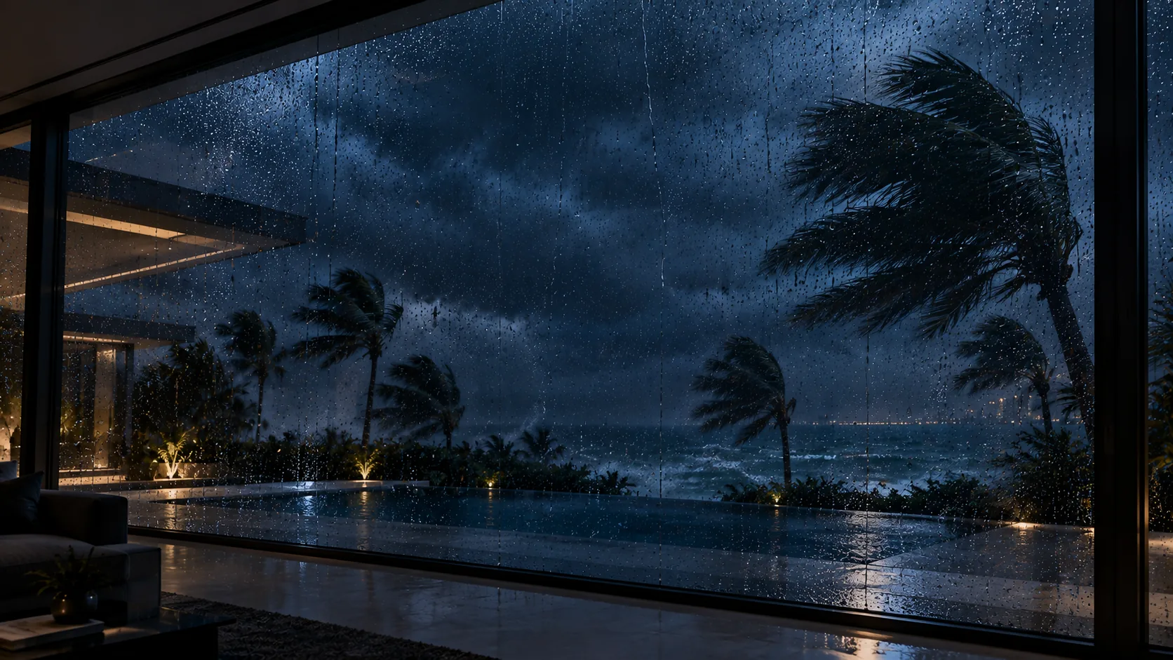 Living room behind a wall of impact glass